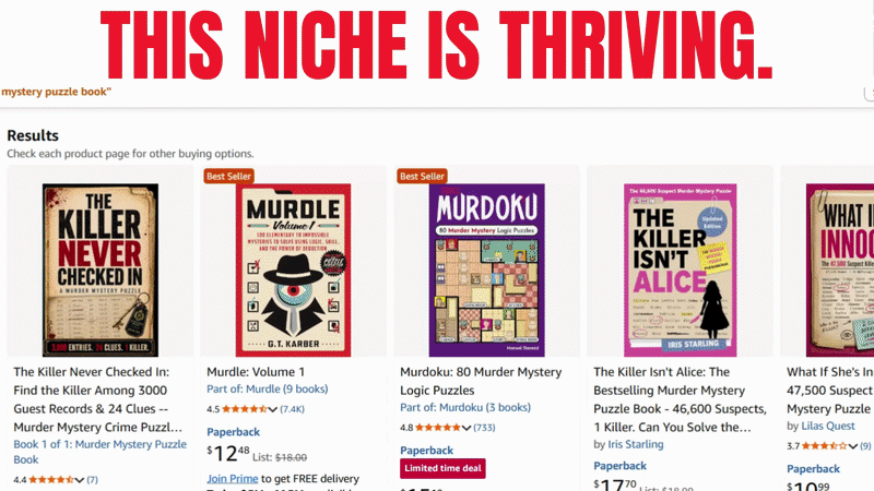 Murder mystery puzzle books ranked as bestsellers in marketplace search results