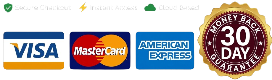 Secure checkout with Visa, MasterCard, American Express, instant access, cloud based, and 30-day money-back guarantee