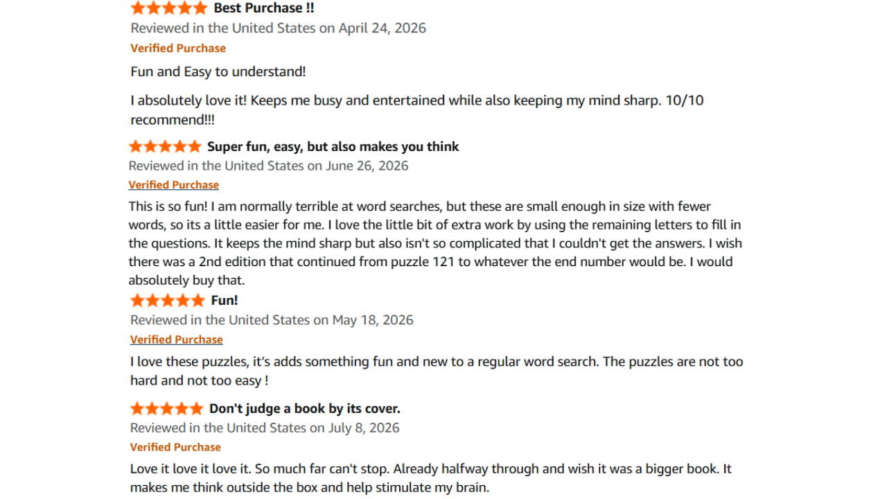 Verified customer reviews praising mystery puzzle books as fun, engaging and replayable