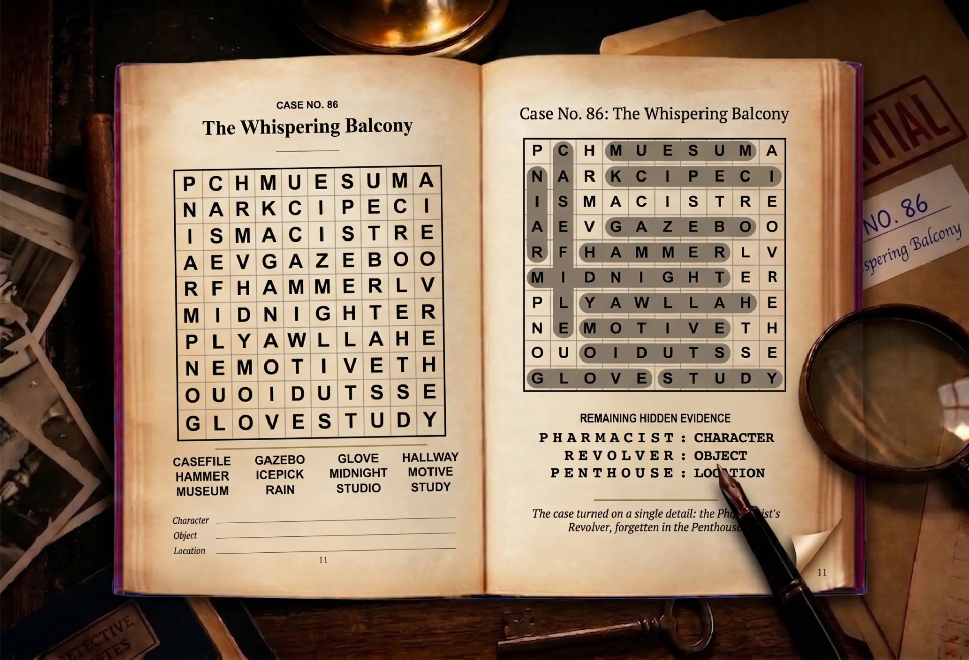 Open case book showing a puzzle page and its matching solution page with highlighted words and hidden evidence